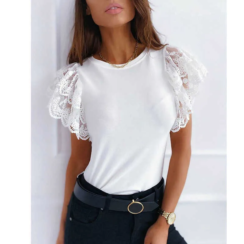 2020 Yaz Moda Seksi Patchwork Dantel Ince T-shirt Kadın Kısa Kollu Tees Rahat Katı Bayanlar O-Boyun Siyah Beyaz Tops Y0629