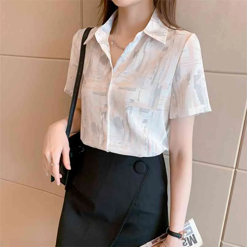 Retro sommarkvinnor koreanskt slips färgämne kortärmad tröja damer toppar knapp upp skjorta mode lapel kvinna kvinnor s 210507