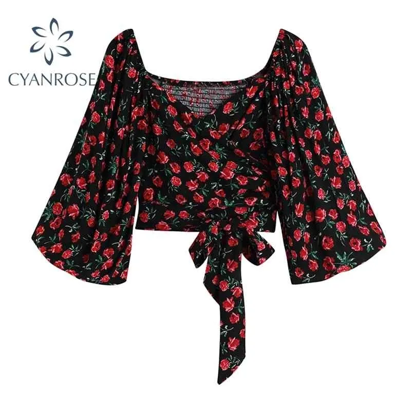 Streetwear Floral Print Bow Lace Up Blouse Women Summer Vintage Puff Long Sleeve V-hals Shirt All-match Sweet Tops 210515