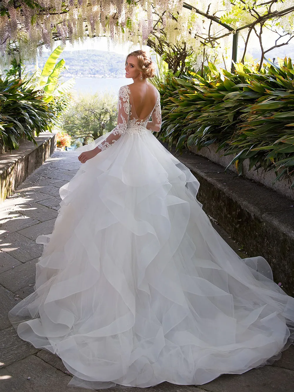 2022 Puffy Beautiful Ballgown Wedding Dress with Ruffles, Long Sleeves, Lace Appliques, Beading, and Backless - Perfect for Spring Bridal Glamour and