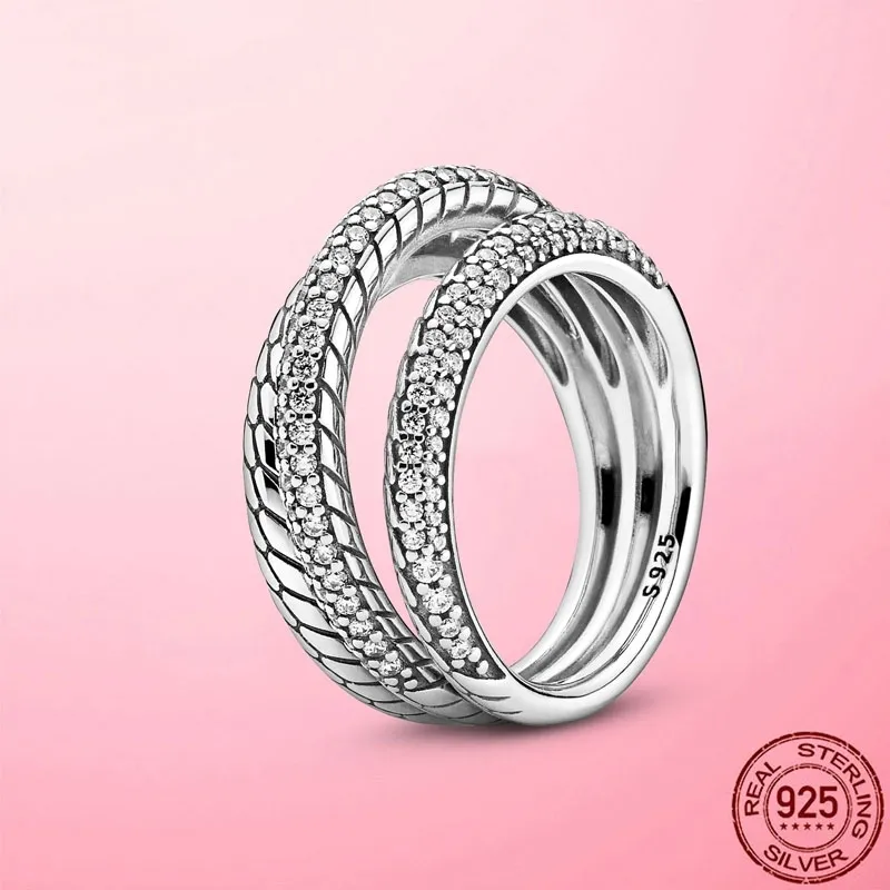 925 Sterling Silver Triple Band Pavé Snake Chain Pattern Ring for Women Fine Wedding Engagement Jewelry Gift