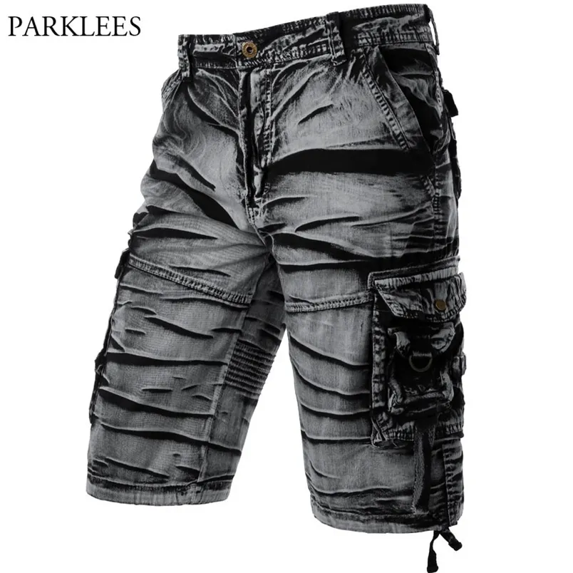 Grå Camo Cargo Shorts Män Bomull Mäns Kortbyxor Bekväm Bermuda Masculina Avslappnad Fit Multi-Pocket Pantalon Corto Hombre 210629