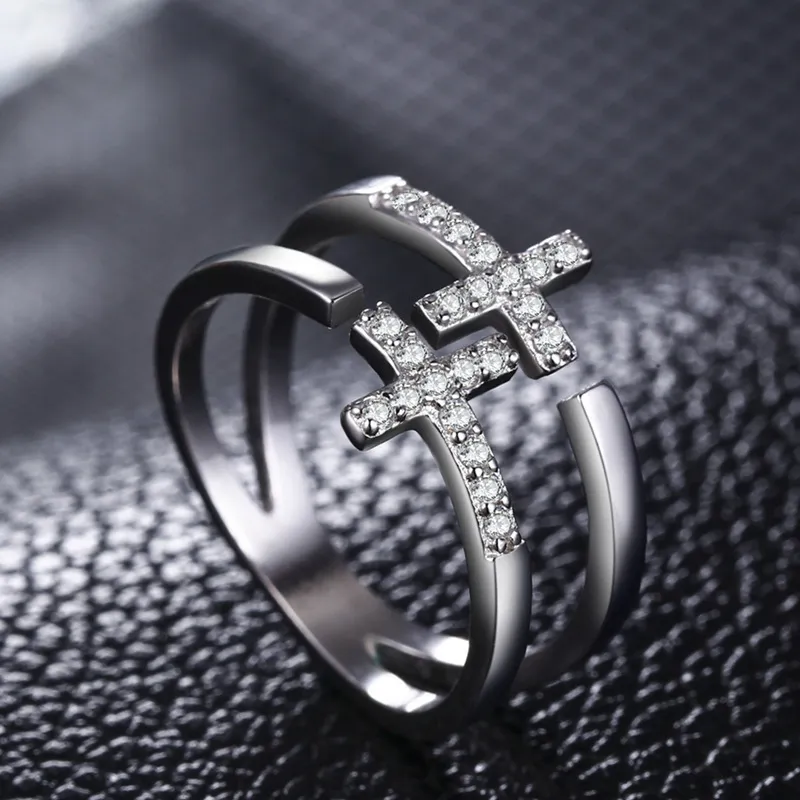 Dwuwarstwowa Diament Diament Jezus Krzyż Pierścień Palec Otwarty Regulowany Hollow Pierścionki układania Kobiety Para Biżuteria Prezent Will I Piaszczysta