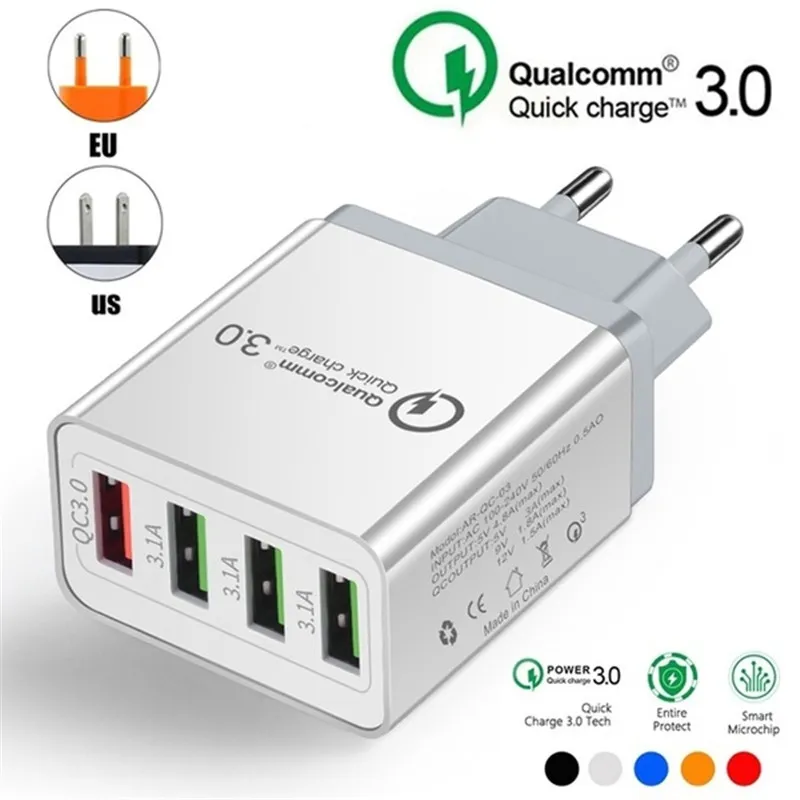 4 Port Szybki ładunek 3.0 Szybka mobilna UE / US Plug Wall Wall Adapter ładowarki USB dla inteligentnych urządzeń 5 kolorów