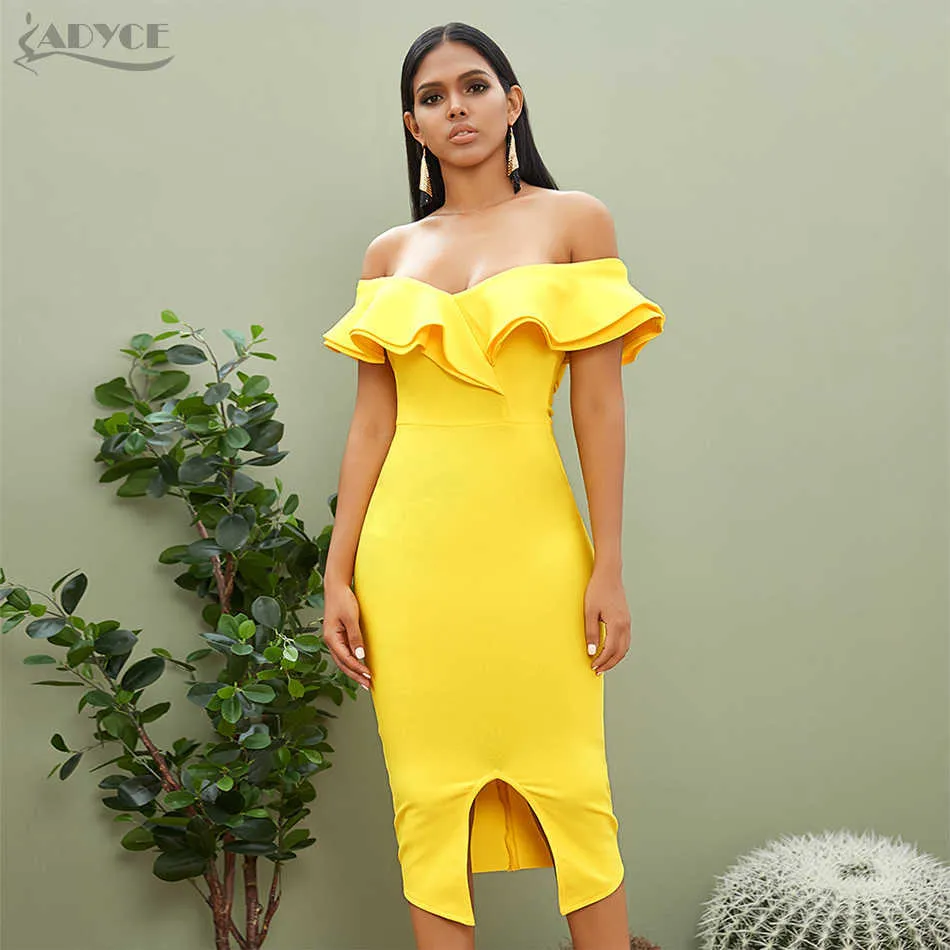 Adyce Summer Sexy Off Shoulder Women Bandage Dress Ruffles Slash Neck Yellow Club Celebrity Evening Party Runway Dress 210719