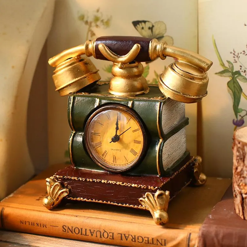 Relógios da mesa Relógios vintage Relógio Retro Globo Antigo Telefone Violino Decoração da casa do avô Resina Decoração de escritório de artesanato
