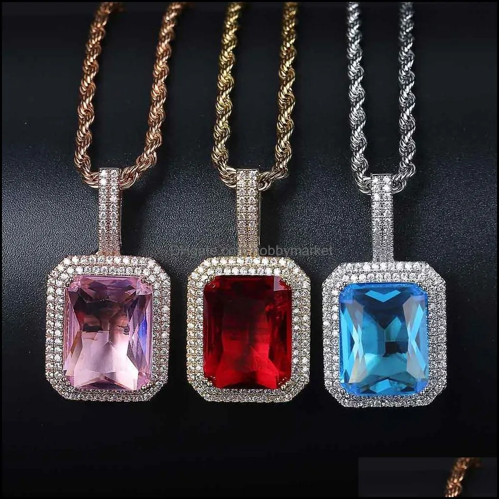 TOPGRILLZ Iced Out Bling Gem Stones Solitaire Pendant Necklace Infinity Stones Solid Back Cubic Zircon Hip Hop Jewelry For Gift 210323