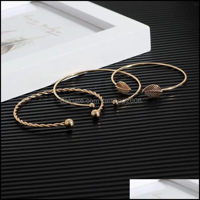 Leaf Open Bracelets Bangles Set 3PCS Punk Gold Twist Chain Vintage Bracelet for Women Girls Charm Beach Wedding Party Jewelry Gift