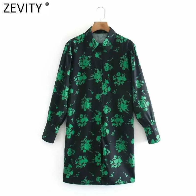 Zevity Femmes Mode Vert Fleur Imprimer Casual Mince Mini Chemise Robe Bureau Dame À Manches Longues Chic Affaires Une Ligne Robe DS4753 210603