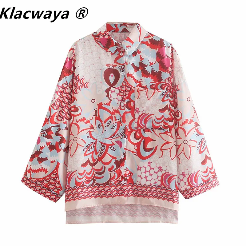 Frauen Vintage Totem Blumendruck Beiläufige Lose Hemden Weibliche Langarm Kimono Bluse Roupas Chic Blusas Tops 210521