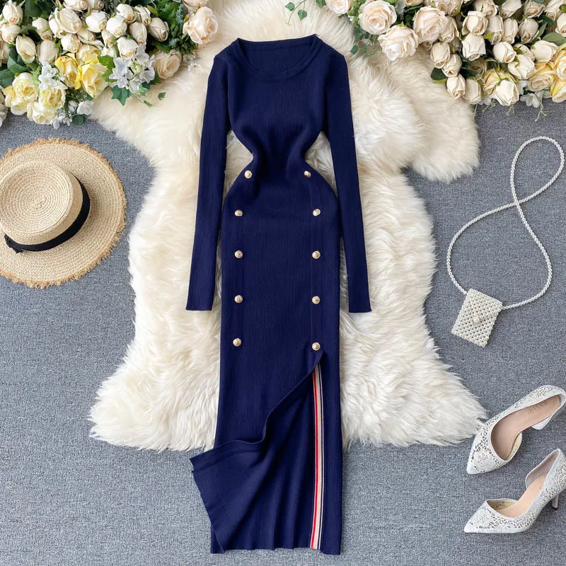 Spring Autumn Women's Clothing Knitted Dress Female Solid Double-Breasted Slim Mid-Length Split Over-The-Knee Vintage 210514