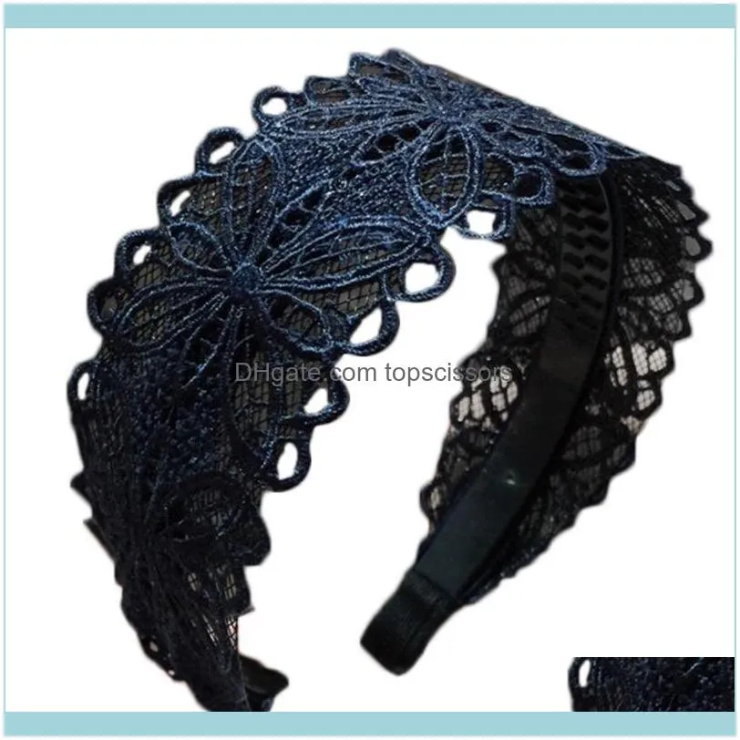 Women Hollow Out Floral Lace Anti-Skid Headband Shimmer Metallic Wide Hair Hoop 20211