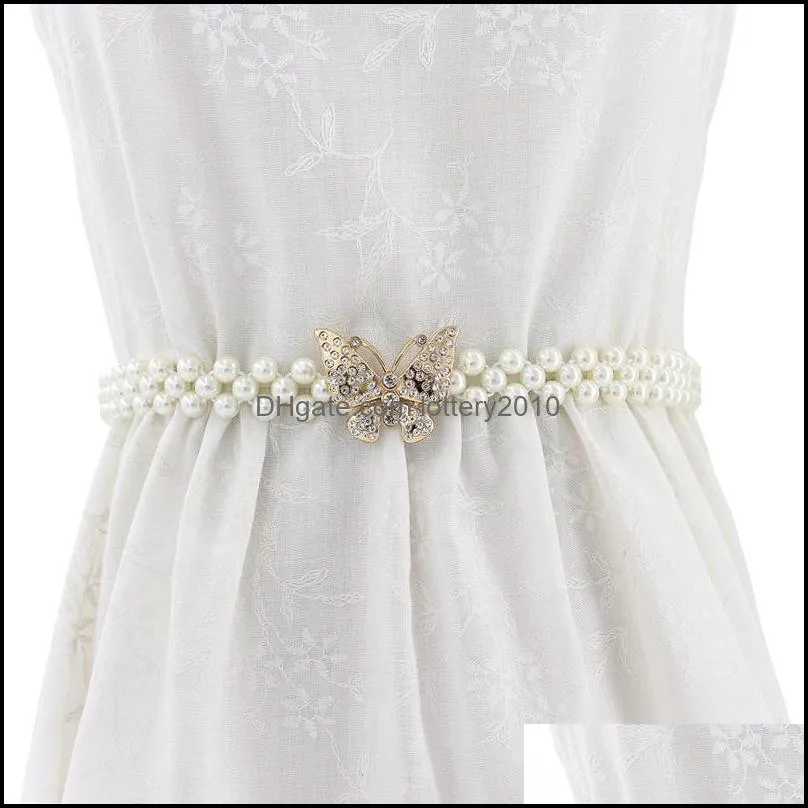 Belts Metal Pearl Rhinestone Clasp Front Stretch Waistband Gold Elastic Waist Belt Women Flowers Design Chain