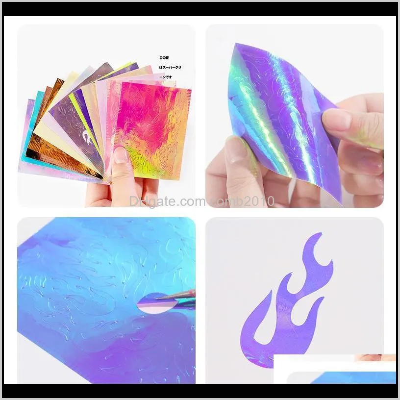 16pcs 3d holographic fire flame nail vinyls stickers glitter laser flames nail art foil transfer sticker fire decal decorations set