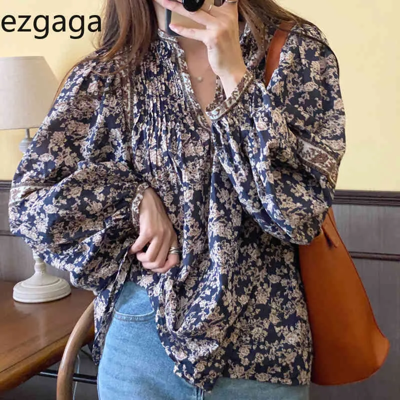 Ezgaga undefined Women Blouse Koreanska Chic Vintage Sweet V-Neck Long Lantern Sleeve Floral Semester Skjortor Lösa Casual Blusas 210430