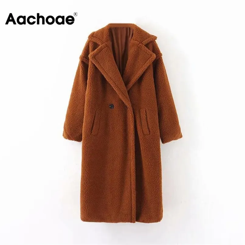 Aachoae Winter Casual Solid Teddy Coat Kvinnor Långärmad Fleece Long Jacket Slå ner Collar Lamb Fur Coat OuterWear ForRure 211019