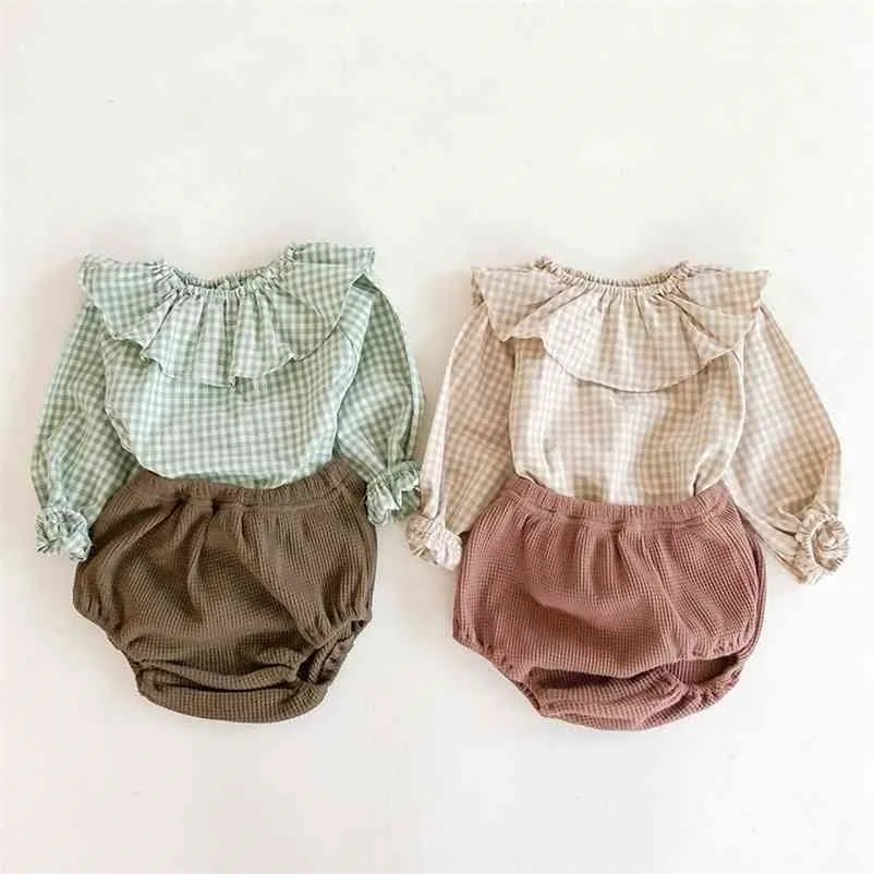 Infantil bebê meninas grade manga longa top + calças de pão conjuntos de roupas primavera outono crianças menina terno roupas 210521