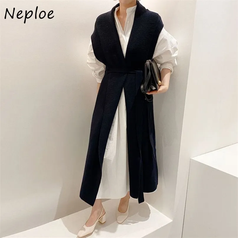 NAPHOE Kore Suit Chic Gevşek Puf Kol Gömlek Elbise + V Yaka İpli İnce Bel Örme Yelek Basit 2 Parça Set Kadın 211108