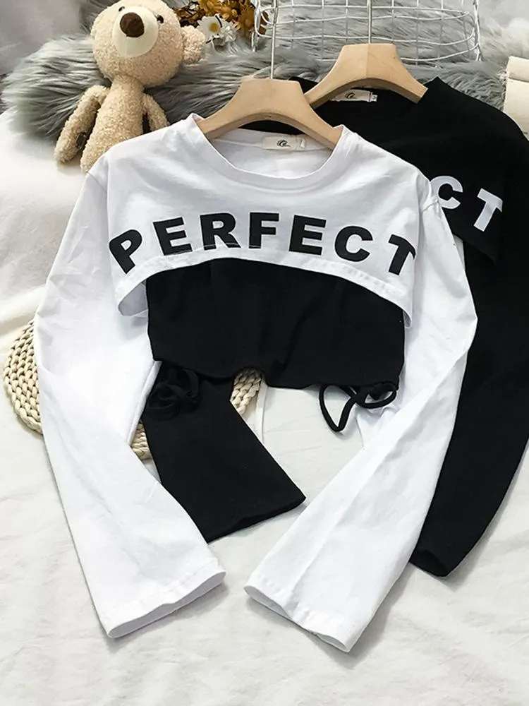 Women's T-Shirt High Street Fashion T Shirts Women 2021 Spring Summer Long Sleeve False Two Piece Female Crops Tops S M L XL