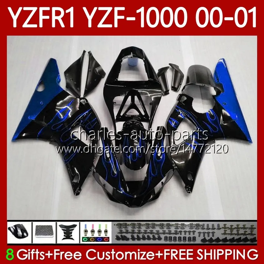 Carénages OEM pour Yamaha YZF-R1 YZF1000 YZF R 1 Flammes bleues 1000 CC YZFR1 00 01 02 03 Carrosserie 83No.95 YZF R1 1000CC 2000 2001 2002 2003 YZF-1000 00-03 Kit de carrosserie de moto