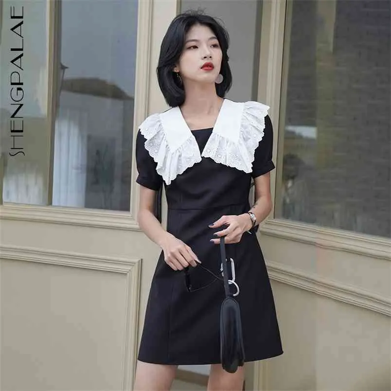 Contrast Color Lamcle кружева платье женские летние талия с коротким рукавом черный над колена платья женский прилив 5e266 210427
