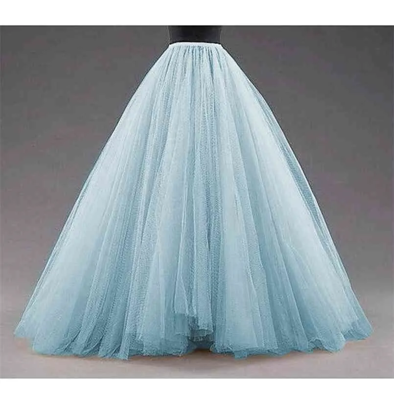 Sky Blue Puffy Long Tulle Skirts Women Vintage Gold Female Tutu Skirt For Bridal Poshoots Custom Made Christmas Saias 210708