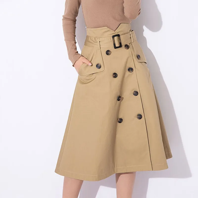 High Waist button Flower Bud Single-Breasted Midi skirt women Spring Summer Women's Bow pocket Lace-up Skirt with belt 210514