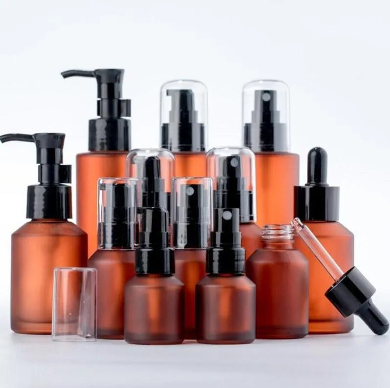 Bottiglia di vetro ambrato da 15 ml 30 ml 60 ml 100 ml Contenitore per pompa spray per lozione protettiva Contenitore vuoto riutilizzabile da viaggio Crema cosmetica Shampoo Bottiglie di imballaggio