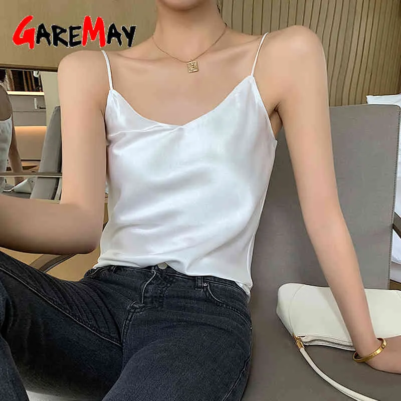 Satin White Tank Top Mulheres Sem Mangas Colete Summer Halter Spaghetti Strap Feminino Elegante V Pescoço Básico Camisole 210428