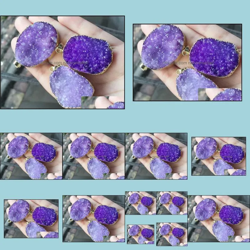 Fashion HOT 6pcs Gold plated Purple Nature Quartz Druzy Geode pendant, Drusy Crystal Gem stone connector Beads, Jewelry findings