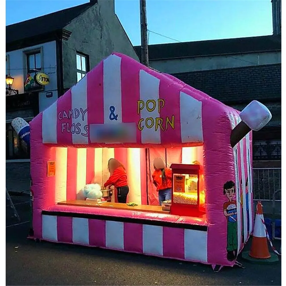 Tente de concession gonflable blanche rose Événements extérieurs personnalisés Stand de barbe à papa soufflée à l'air maison de crème glacée de carnaval pour la promotion et la publicité