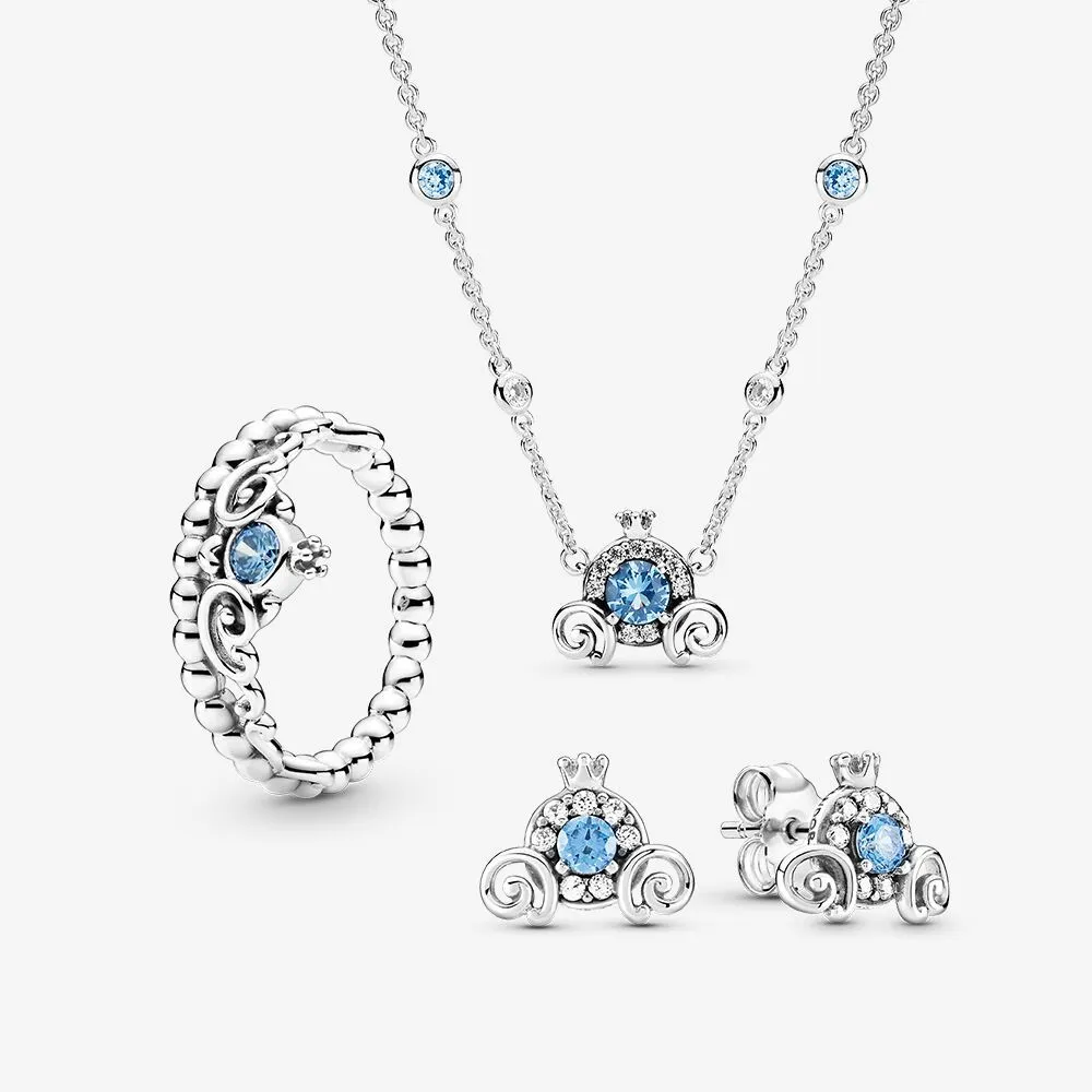 925 Sterling Silver Cinderella Pumpkin Coach Stud Earrings Necklace Ring Set For Women Wedding party wear Jewelry