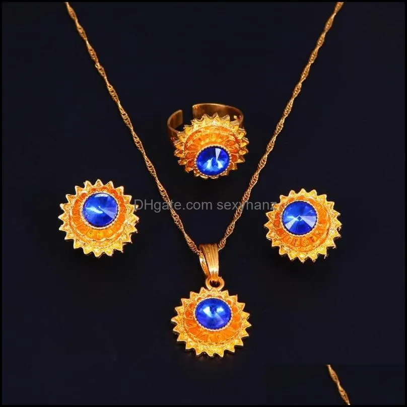 Earrings & Necklace Red Blue Green Stone Ethiopian Gold Color Jewelry Sets Pendant Ring Traditional African Women Gift
