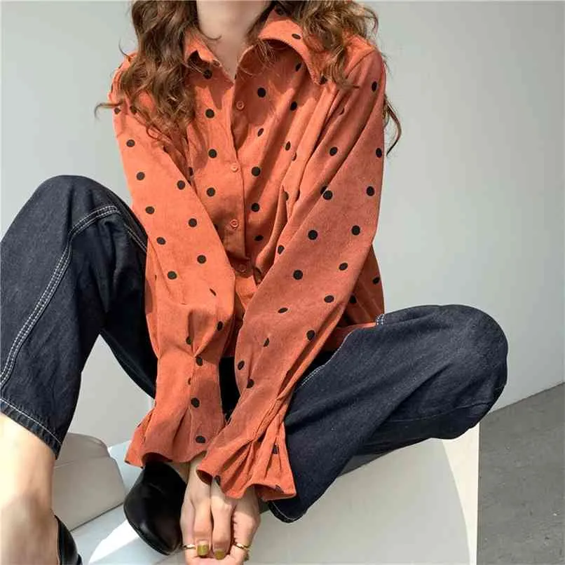 Korea winterjas vrouwen herfst revers losse single-breasted corduroy polka dot lange mouw vrouwelijke blouse jas 210601