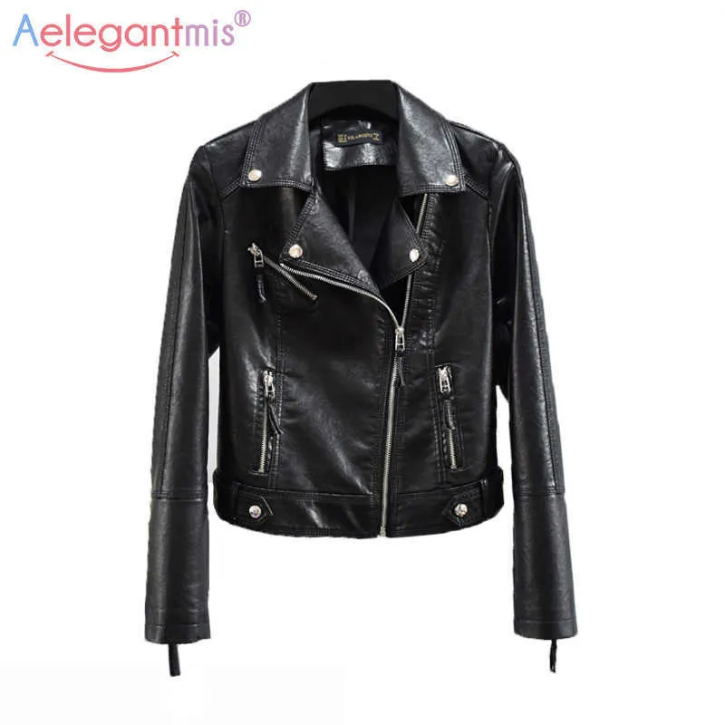 Aleegantmis outono inverno preto pu jaqueta de couro mulheres macio faux motocicleta rua casual senhoras motociclista 210607