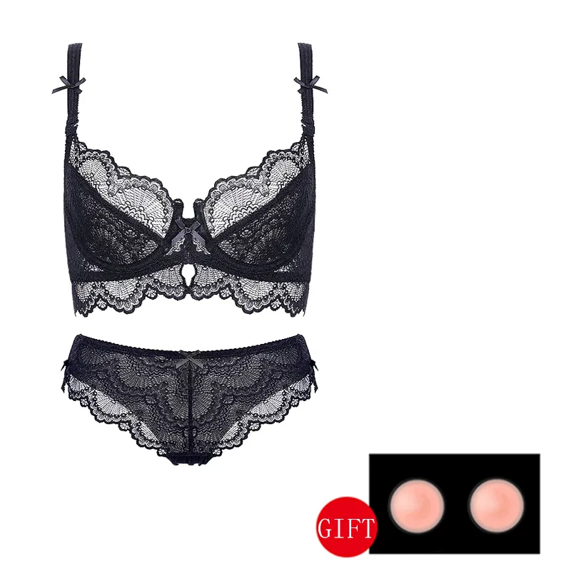 Black Embroidered Plus Size Bra And Panties Set Back With Push Up