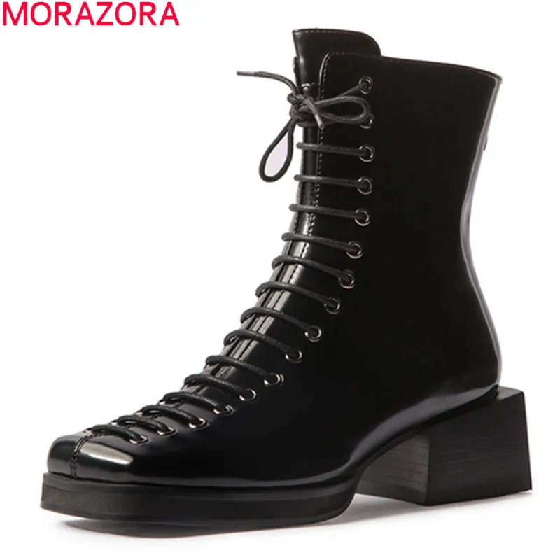 MORAZORA Marke Herbst Winter Stiefel Mode Schnürung bequeme Stiefeletten für Frau hochwertige Schuhe schwarz 210506