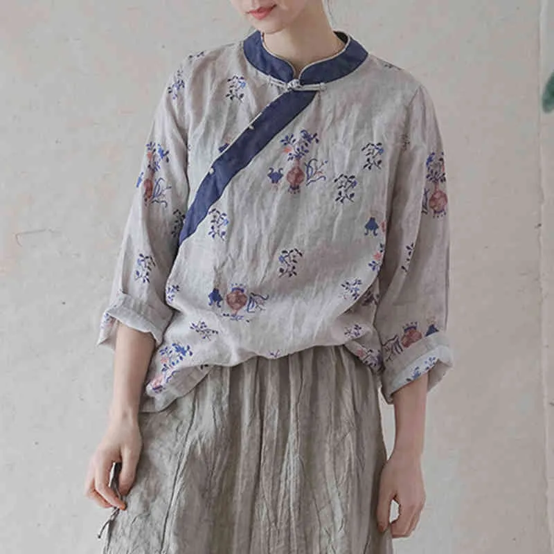 Johnature vrouwen Chinese stijl lange mouwen shirts stand print floral blouses lente knop linnen tops vintage vrouwelijke shirts 210521