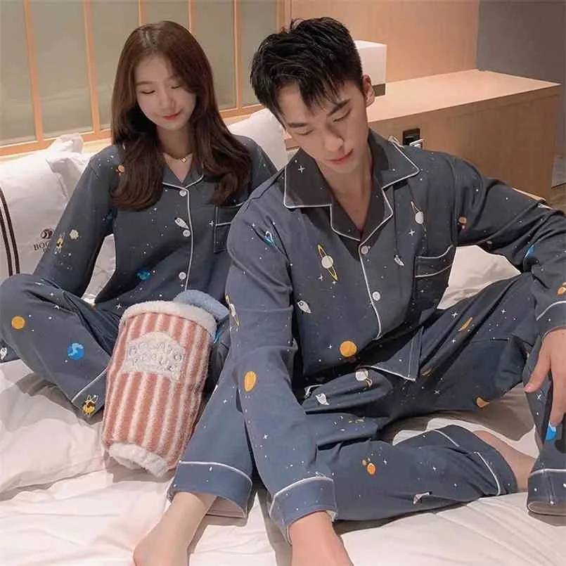 SLPBELY Couple Pajamas Set Homewear Spring Cartoon Starry Sky Long Sleeve Men And Women Pyjamas Lovers Sleepwear Home Clothing 210831