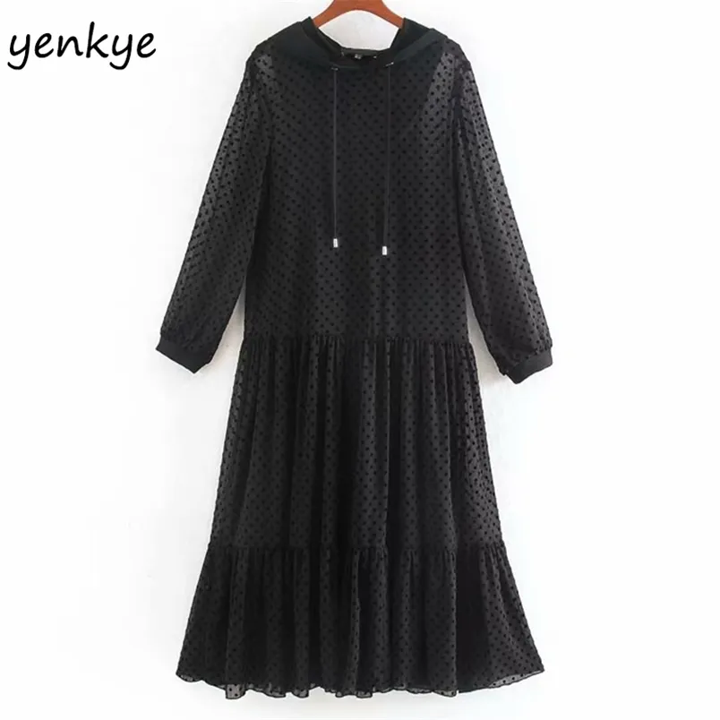 Vintage Black Hooded Tulle Dress Kvinnor Sexig Semi-Heer Långärmad Pläterad Casual Plus Storlek Robe Longue CCWM9550 210514