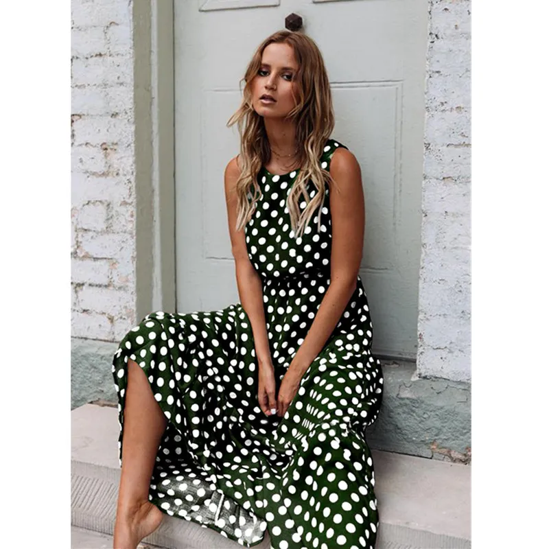 Sommar ärmlös polka dot print kvinnor midi klänning avslappnad mode klänningar a-line boho elegant strand lång klänning vestidos 210518