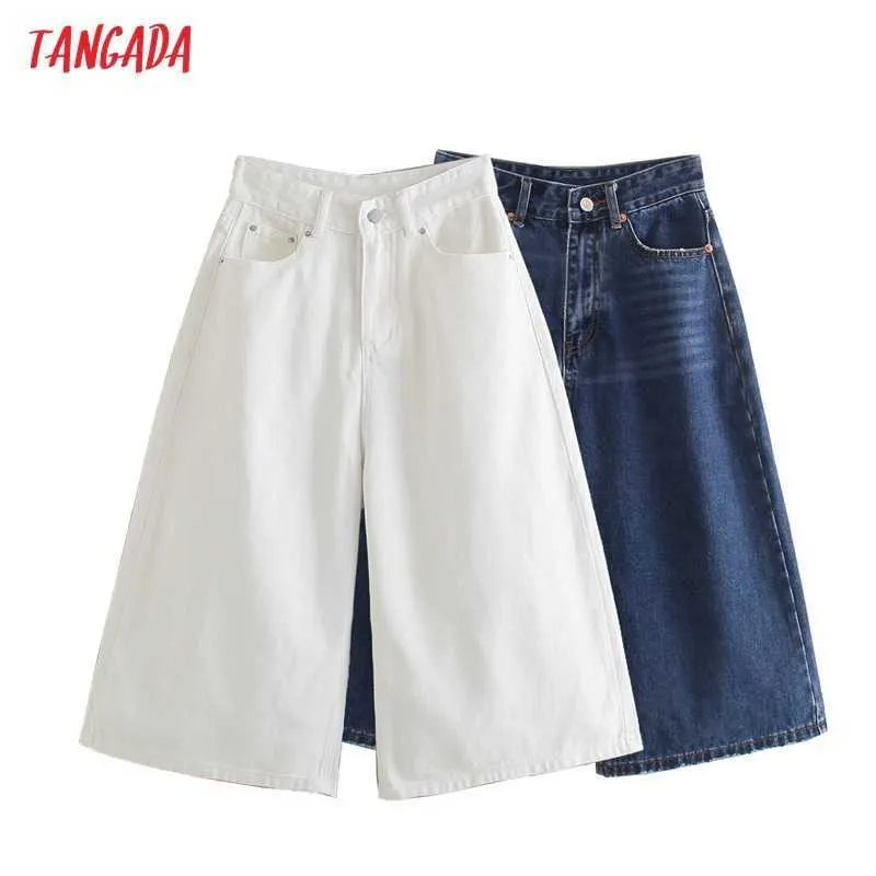 Tangada sommar mode kvinnor brett benskörd jeans byxor byxor fickor knappar kvinnliga byxor je130 210609