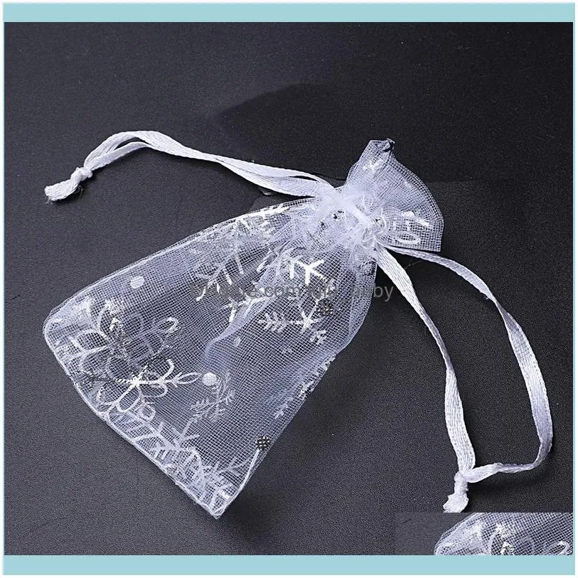 Jewelry Pouches, Bags 100 PCS Organza Wedding Gift Drawstring Pouch Silver White Snowflakes Printed Sheer Party Favor