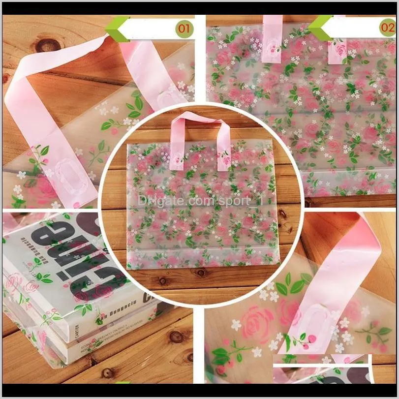 clear plastic shopping carrier bags with handle gift boutique packaging floral rose printed large cute 5 sizes lz1177