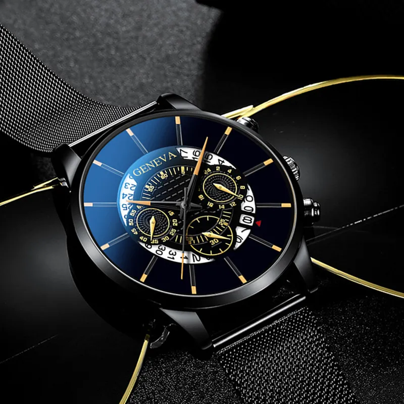El calendario de negocios de moda para hombre de lujo muestra el reloj de cuarzo analógico del cinturón de malla de acero inoxidable azul Relogio Masculino Mens Reloj
