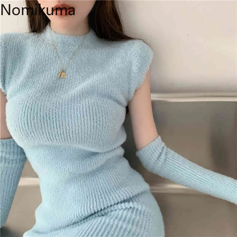 Nomikuma Elegantes, figurbetontes Kleid für Frauen, einfarbig, O-Ausschnitt, Herbst, Slim Fit, gestrickte Minikleider, weiblich, koreanischer Chic, Vestidos 210514