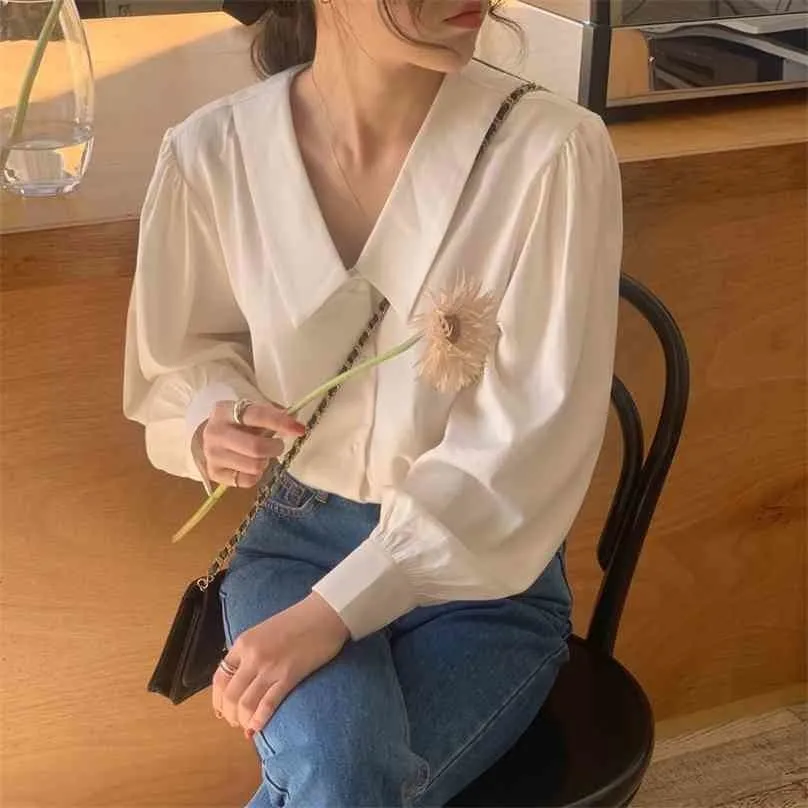 White Femme Casual Chic Gentle Lapel Solid Girls Sweet All Match Fashion High Quality Loose Tops Shirts 210525