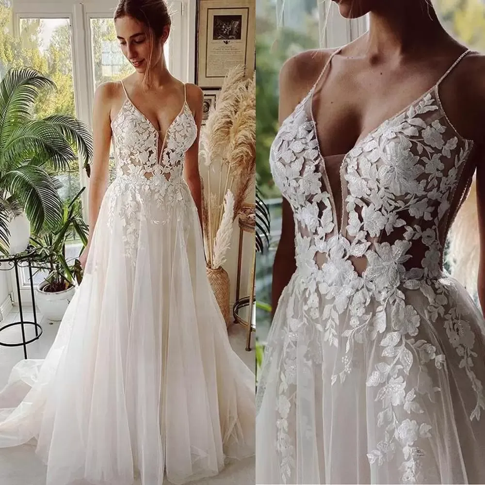 Vestidos lindo boho casamento vestido de noiva cintas de espaguete uma linha trem de varredura tule renda applique país sexy backless praia feito sob encomenda vestidos de novia pplique