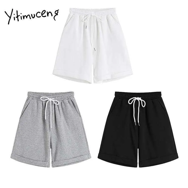 Yitimuceng Womens Shorts Pockets Elastic Waist Casual Sports Clothes Straight Summer Unicolor White Gray Black Fashion 210601