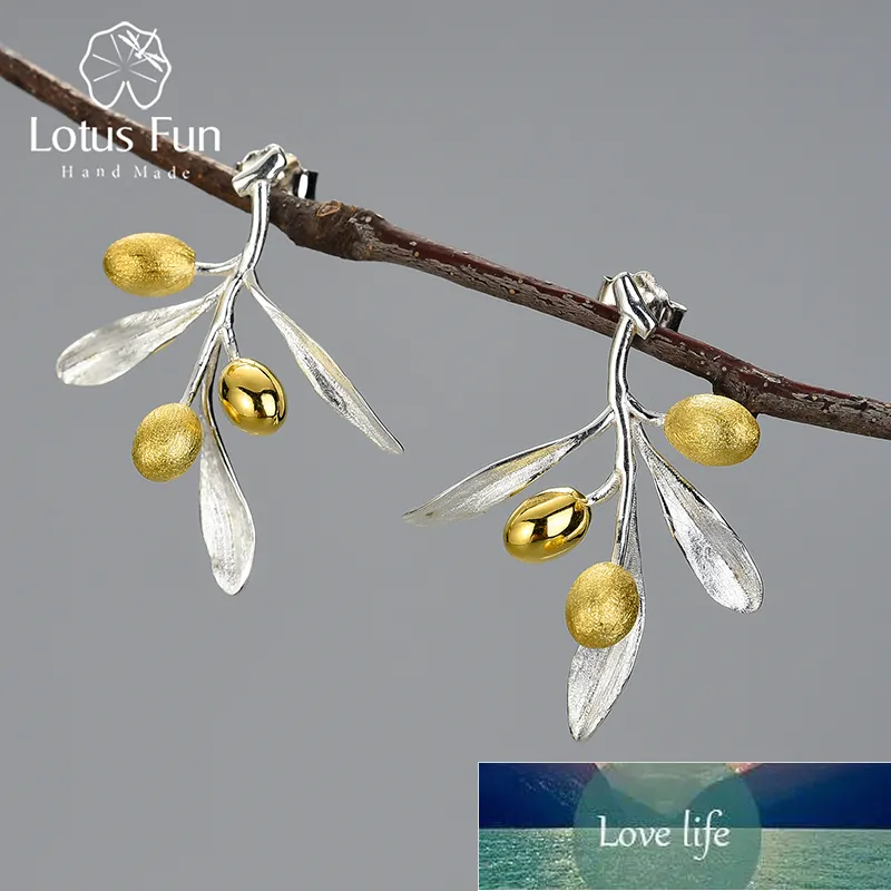 Lotus Fun Olive laisse des fruits de branche Boucles d'oreilles inhabituelles pour les femmes sterling sier déclaration bijoux bijoux tendance Nouveau prix d'usine